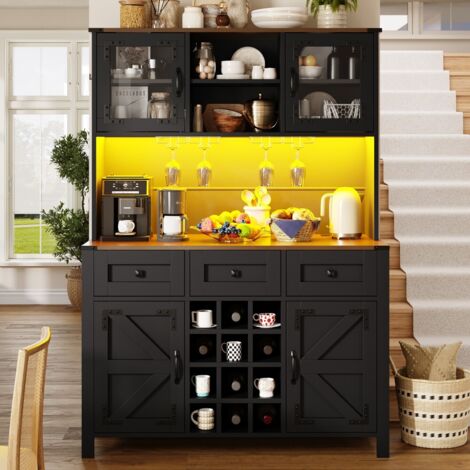 Elément haut de cuisine-4 portes 3 tiroirs-USB et prises-éclairage LED intégré-rangement noir-120x40x170cm