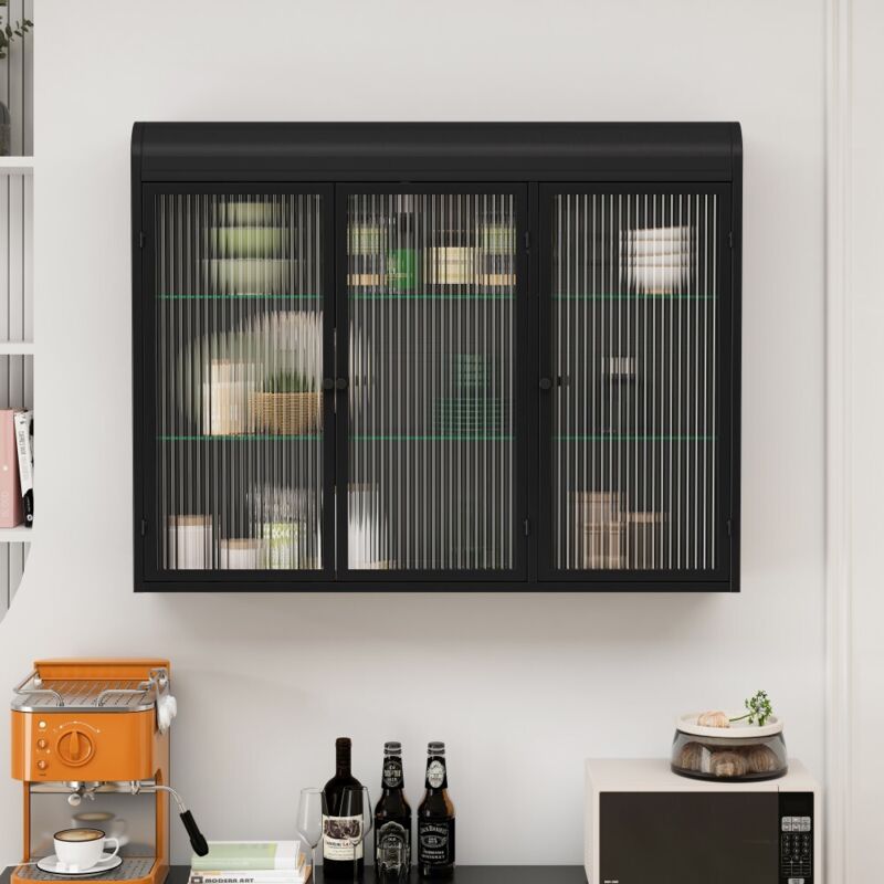 Elément haut de cuisine - Armoire murale verre 3 portes avec arc - Noir - Meuble cuisine-salon-salle de bain - 90x20x70(cm)