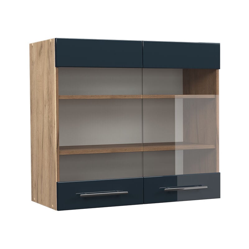 Meuble de cuisine haut vitré Fame-Line, Bleu foncé brillant, 80 cm Vicco