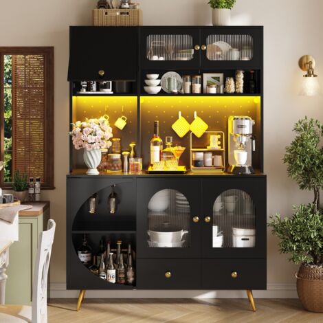 Elément haut de cuisine-LED moderne-USB et prise intégrés-panneau perforé-tiroir-étagères verre-noir-120x40x176cm