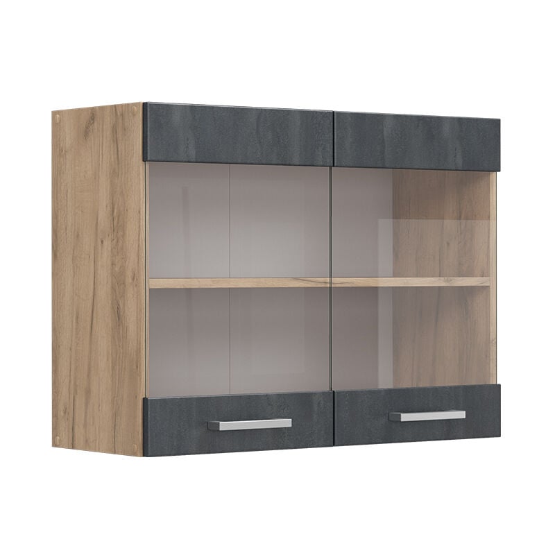 Vicco - Meuble de cuisine haut vitré R-Line, Béton noir, 80 cm