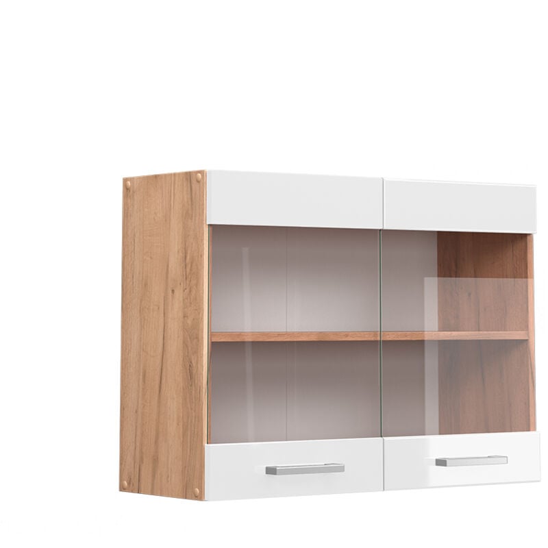 Meuble de cuisine haut vitré R-Line, Blanc Haute brillance, 80 cm Vicco