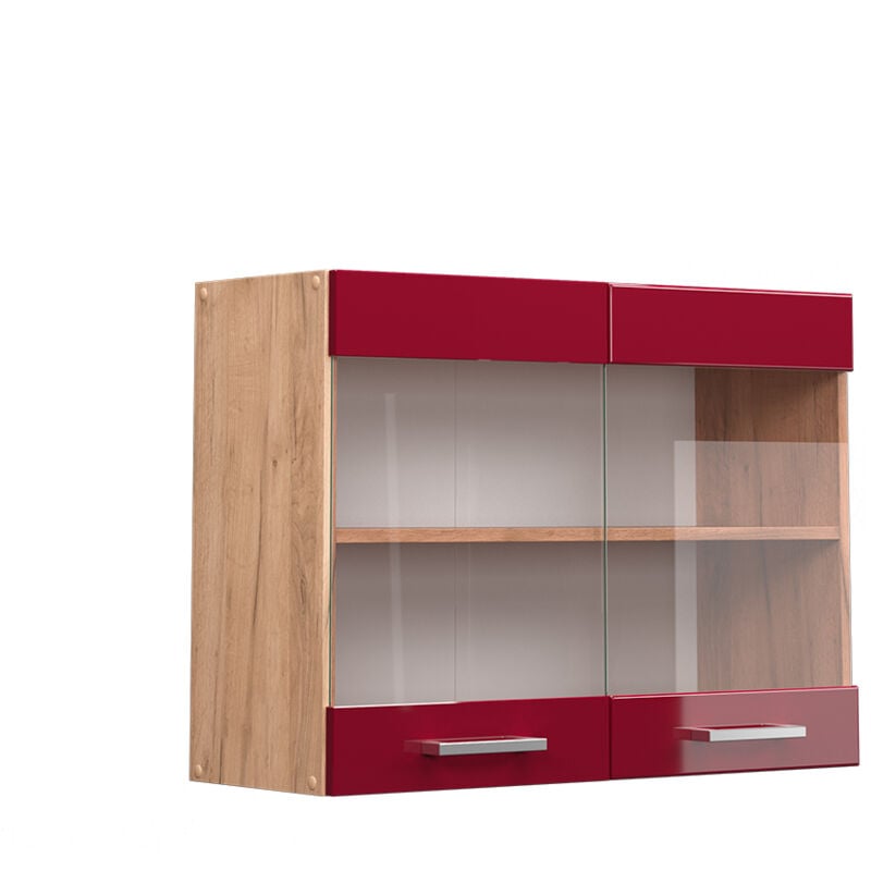 Meuble de cuisine haut vitré R-Line, Rouge bordeaux Haute brillance, 80 cm Vicco