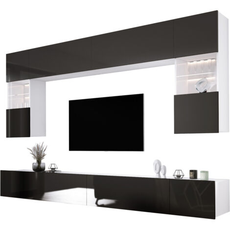 Elément mural : Blanc Mat / Noir Brillant, largeur : 300 cm, profondeur : 42 cm