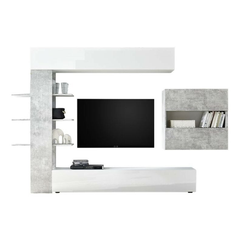 Webmarketpoint - Elément mural de salon blanc et béton L.295xP30xh.187 cm