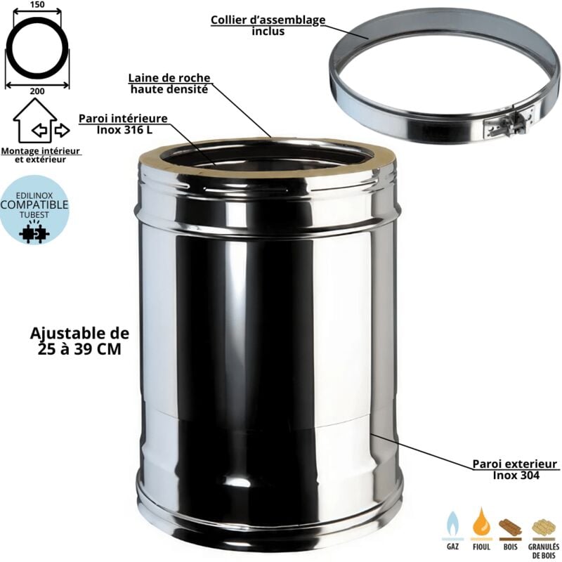 Elément réglable 26 à 39 cm conduit double paroi isolé Ediliso25 Edilinox Diamètre 150