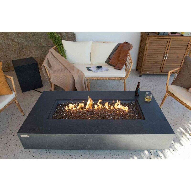 ELEMENTI Brasero extérieur POSITANO-SET Brasero en béton GFRC aspect grès, salon de jardin gris foncé rectangulaire L152,4 x l81,3 x H35 cm