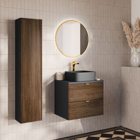 Elena, mobiletto singolo da 60 cm con piedistallo e specchio Legno e nero
