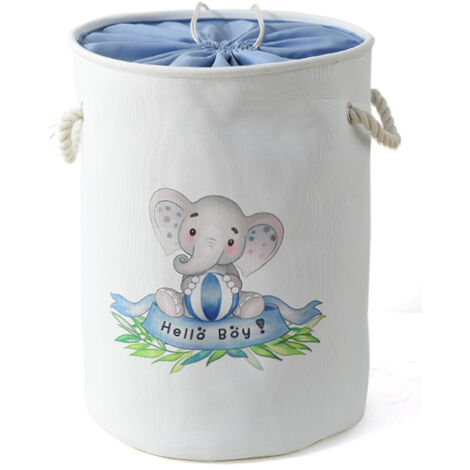 Elephant Laundry Basket for Kids Room, Large Fabric Storage Basket with Drawstring for Laundry Room, Kids Toys, Baby Clothes (Blue Elephant)