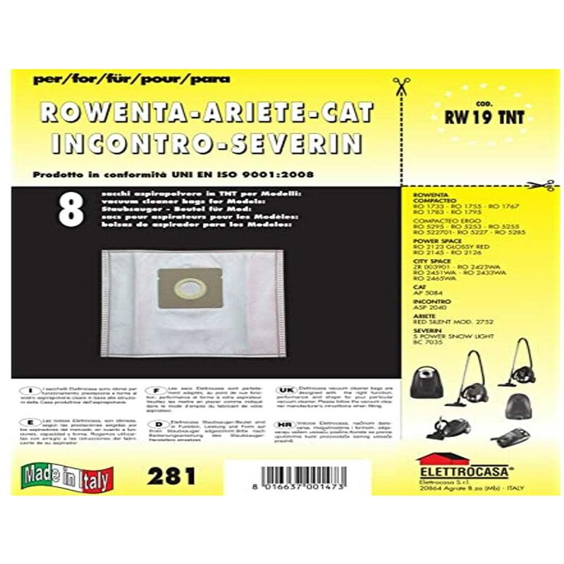ELETTROCASA - Sacchetti Aspirapolvere per ROWENTA 8 pezzi - Sacchetti per Aspirapolvere RW 19 in TNT - Sacchi Aspirapolvere per Pulizia Casa
