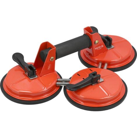 Elevador de ventosas triple, marca Yato, modelo YT-37239, ideal para manipulación segura de vidrios y superficies lisas, tres ventosas de 150 mm, capacidad de carga 155 kg, estructura de acero resiste