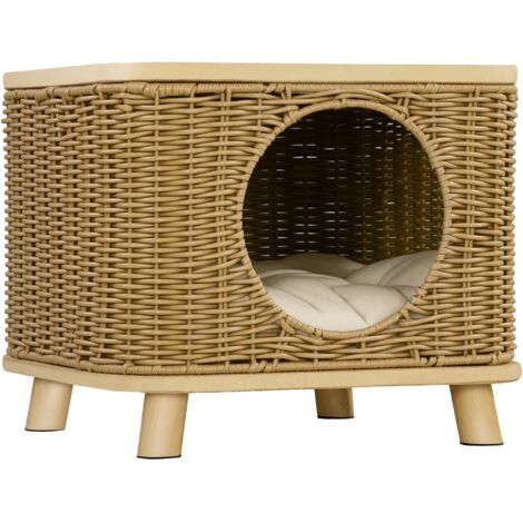 Elevated Design Wicker Cat House with Washable Cushion, Light Brown