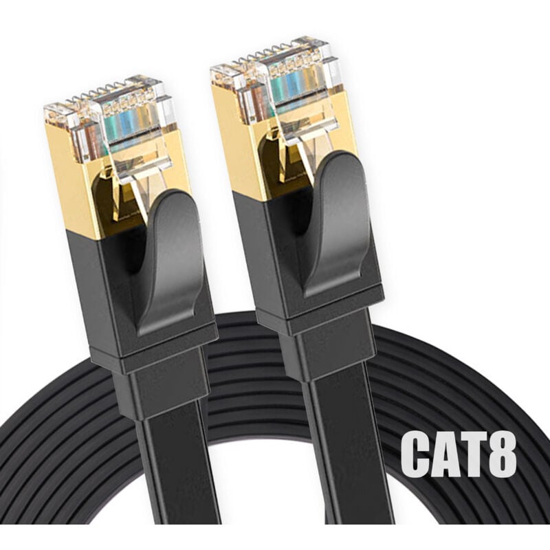 Elfcam® - 1,5m Cable Ethernet Cat 8, Plat Cable Reseau LAN WAN, SFTP 30AWG, 2000Mhz 40Gbps avec Connecteurs RJ45 Haute Qualite, Noir (1,5M)