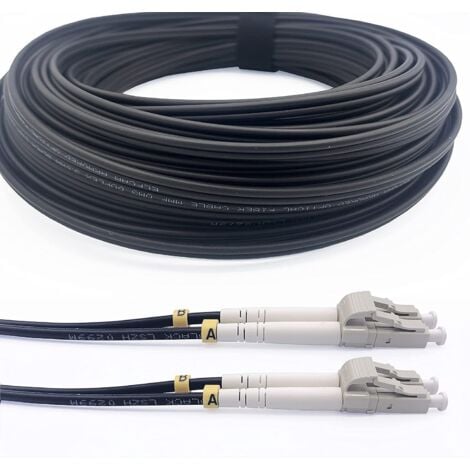 Elfcam - 100m Cable de Fibra Óptica Blindado de Acero para Exterior e Interior LC/UPC a LC/UPC OM3 Multimodo Dúplex 50/125µm Negro
