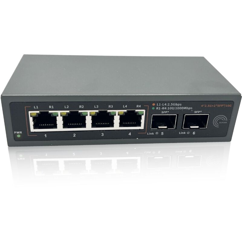 Elfcam® - 10Gb Commutateur Switch Fibre Optique Compatible avec Freebox Ultra et Orange Livebox 6, avec 2 Ports 10G SFP+ et 4 Ports 2,5 Gigabit