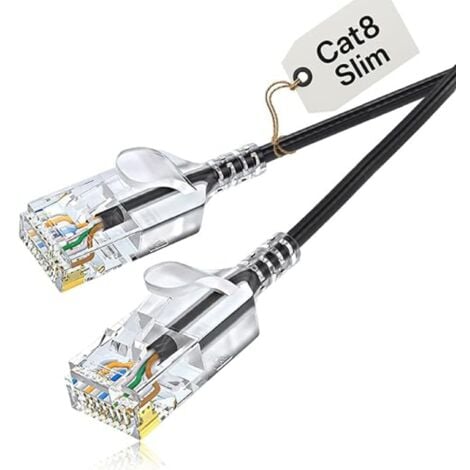 Elfcam® - 15m Slim Cat 8 Câble Ethernet, Câble Réseau LAN WAN, Cat8 SFTP 32AWG, 2000Mhz 40Gbps avec Connecteurs RJ45 Haute Qualité, Rond Noir (15M)