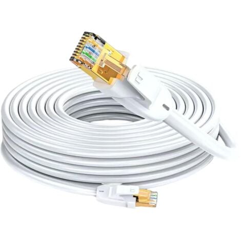 ELFCAM 30m Cat7 Câble Réseau Ethernet RJ45, LAN/WLAN Câble Cat 7 Paire Torsadée Blindée SFTP 100% Cuivre, Câble Rond, Blanc (30M)