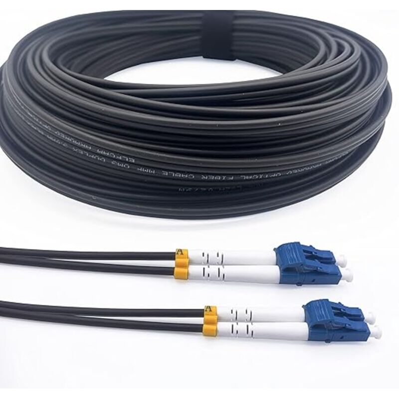 Elfcam - Câble Fibre Optique 200m (Noir, Acier Blindé) - lc/upc à lc/upc, OS2 Duplex Monomode 9/125µm, lszh, Résistant & Étanche - Installation