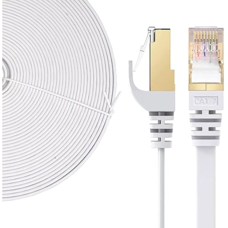Elfcam - Câble Réseau Ethernet RJ45 Cat 7 Blindé sftp - 15m (Flat Blanc), 10Gbps, 600MHz, 100% Cuivre, Ultra Rapide, Anti-Interférences, Idéal pc,