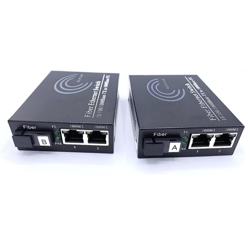 Lot de 2 Convertisseurs Fibre Optique Ethernet - sc Monomode, 2 Port sfp + 2 Port RJ45, Jusqu'à 20 km, Module sfp Inclus - Elfcam