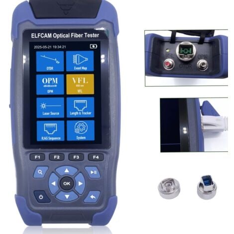 Elfcam - OTDR pour FTTH, 1310nm / 1550nm 24dB / 22dB, Portable 4 en 1 + VFL+ OPM + OLS, OTDR Testeur Fibre Optique/Réflectomètre du Domaine Optique avec SC/APC Connecteur, Jusqu’à 60km