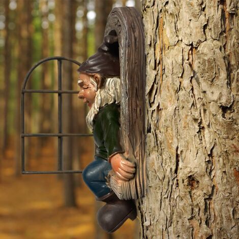 Elfen-Gartenfigur „Baumumarmer“, Wandskulptur aus Kunstharz mit kippbarem Fenster, Maße 15 x 8 x 3,8 cm, ideales Geschenk für Gärtner und Naturliebhaber
