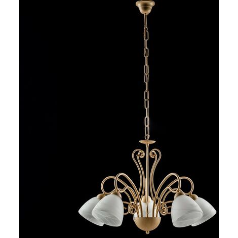 Elfenbein-Eisen-Kronleuchter fünf Lichter Alabaster Weiß Glas Lampenschirme 60x h45 cm