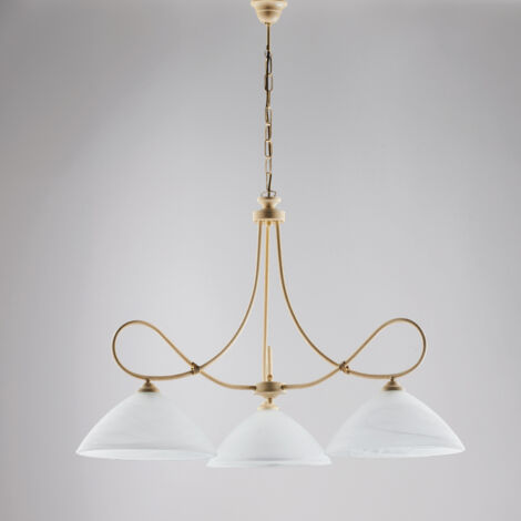 Elfenbeinfarbener Kronleuchter aus Eisen, drei Lichter, Lampenschirme aus weißem Alabasterglas 78x h65 cm