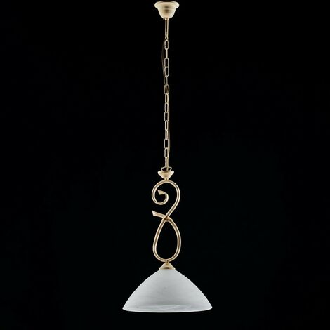 Elfenbeinfarbener Kronleuchter aus Eisen, ein Licht weißer Alabasterglas-Lampenschirm 30x h52 cm