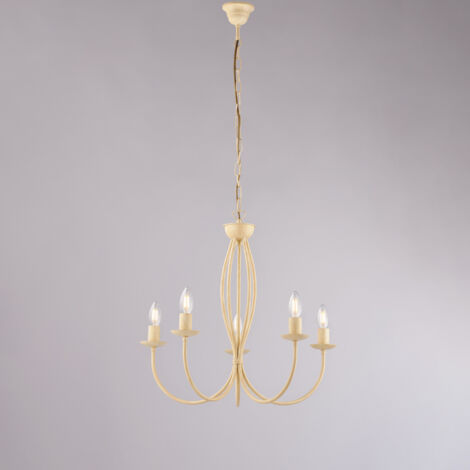 Elfenbeinfarbener Kronleuchter aus Eisen mit fünf Lichtern 55x h53 cm