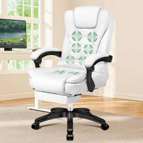 ELFORDSON 8-Point Massage Office Chair, Seat Heated Gaming Chair with Footrest, High Back 150° Reclining, Executive, Padded Armrest, PU Leather, White