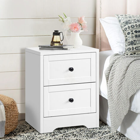 ELFORDSON Bedside Table 2 Drawers Hamptons End Storage Cabinet, White