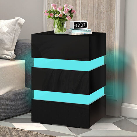 ELFORDSON Bedside Table RGB LED Nightstand 3 Drawers 4 Side High Gloss Black