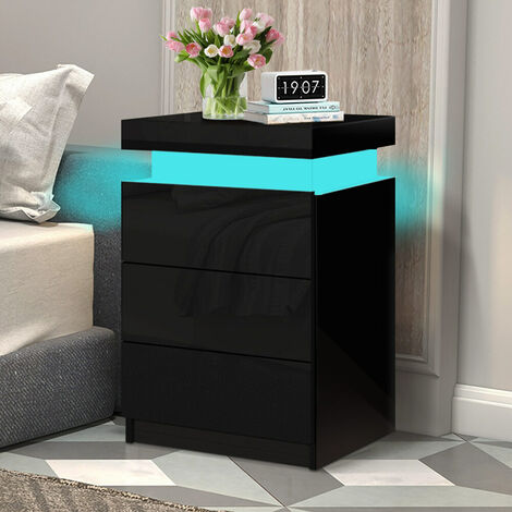 ELFORDSON Bedside Table RGB LED Nightstand 3 Drawers 4 Side High Gloss Black