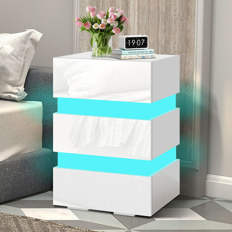 ELFORDSON Bedside Table RGB LED Nightstand 3 Drawers 4 Side High Gloss White