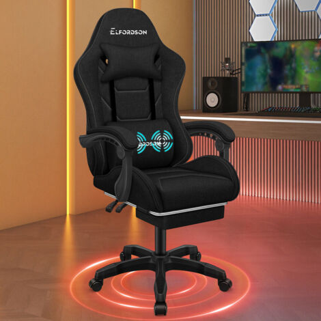 ELFORDSON Gaming Chair with 2-Point Massage Lumbar Cushion Fabric, Black, 150° Reclining, 360° Swivel