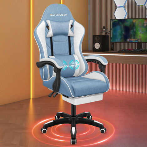 ELFORDSON Gaming Chair with 2-Point Massage Lumbar Cushion Fabric, Blue, 150° Reclining, 360° Swivel
