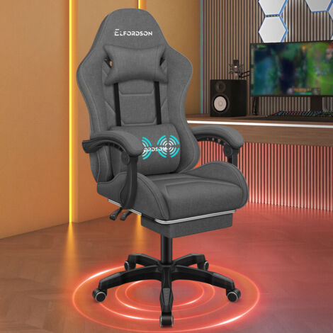 ELFORDSON Gaming Chair with 2-Point Massage Lumbar Cushion Fabric, Dark Grey, 150° Reclining, 360° Swivel