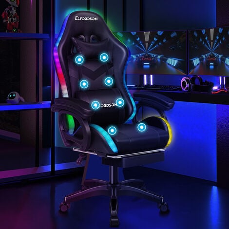 ELFORDSON Gaming Office Chair with RGB LED Light 8-Point Massage, Black
