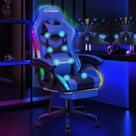 ELFORDSON Gaming Office Chair with RGB LED Light 8-Point Massage, Blue & Black