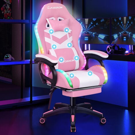 ELFORDSON Gaming Office Chair with RGB LED Light 8-Point Massage, Pink & White