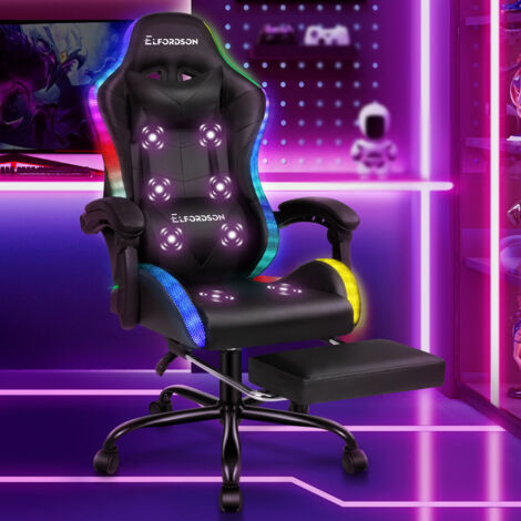ELFORDSON LED Gaming Chair with 8-Point Massage, Ergonomic Computer Office Chairs, RGB Light, High Back, PU Leather, Black