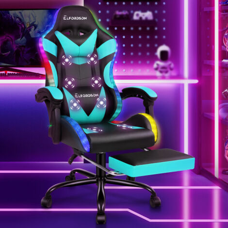 ELFORDSON LED Gaming Chair with 8-Point Massage, Ergonomic Computer Office Chairs, RGB Light, High Back, PU Leather, Cyan