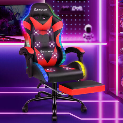ELFORDSON LED Gaming Chair with 8-Point Massage, Ergonomic Computer Office Chairs, RGB Light, High Back, PU Leather, Red