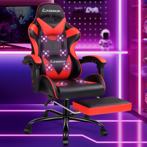 ELFORDSON Massage Gaming Chair, Ergonomic Computer Office Chairs, Footrest, High Back 150° Reclining, PU Leather, Red