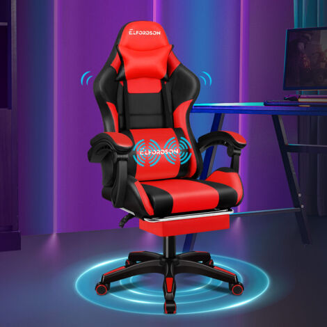 ELFORDSON Massage Gaming Office Chair with 2-Point Massage Lumbar, Red & Black