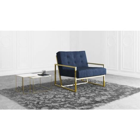 Elfriede Loungesessel mit Goldenen Metall Füßen, Blau Samtstoff