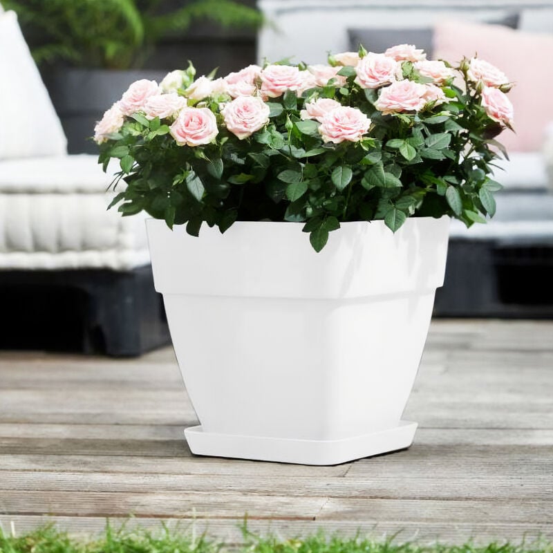 Bac à fleurs rond ou carré jardinière Blanc en plastique pour extérieur jardin terrasse pot de fleurs Carré/15 Litres