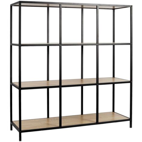 ELIAS - Etagère 9 cases en métal noir et plateaux MDF aspect bois