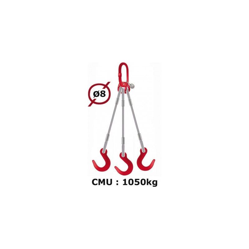 Elingue câble 3 brins crochets de fonderie 1050 kg - Longueur : 6M